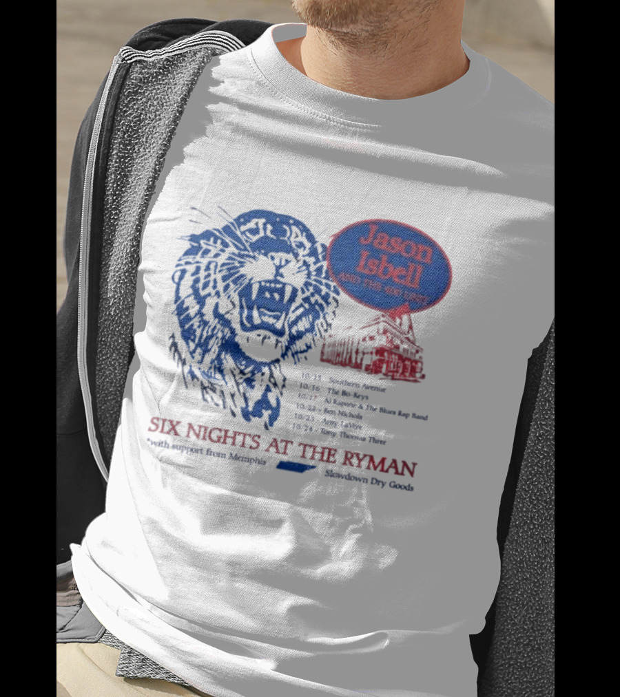 Jason Isbell And The 400 Unit Six Nights At The Ryman 2026 Tour Dates Lion And Ryman Auditorium Artwork Memphis Shakedown City Goods T-Shirt