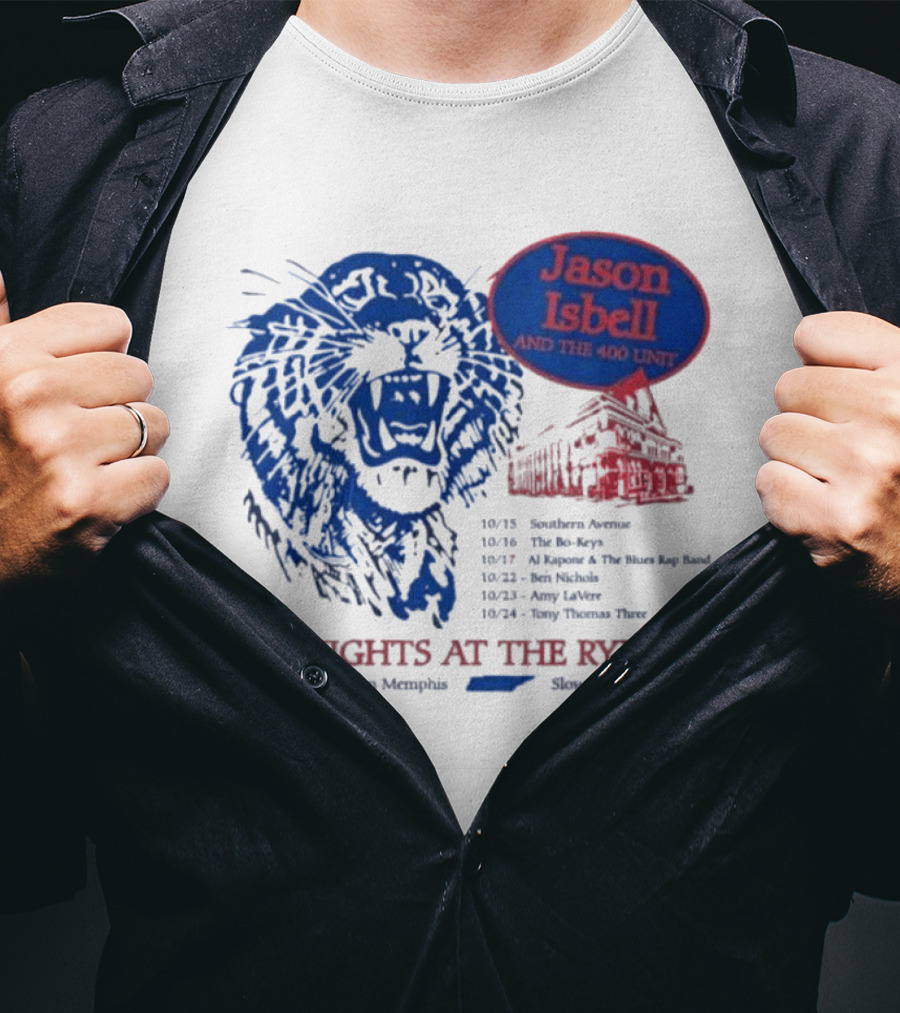 Jason Isbell And The 400 Unit Six Nights At The Ryman 2026 Tour Dates Lion And Ryman Auditorium Artwork Memphis Shakedown City Goods T-Shirt