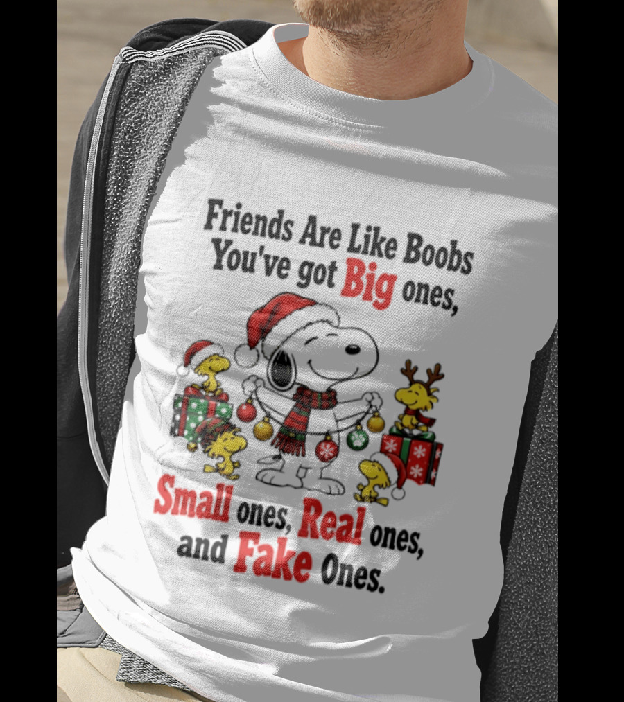 Friends Are Like Boobs You've Got Big Ones Small Ones Real Ones Fake Ones Snoopy Woodstock Christmas T-Shirt