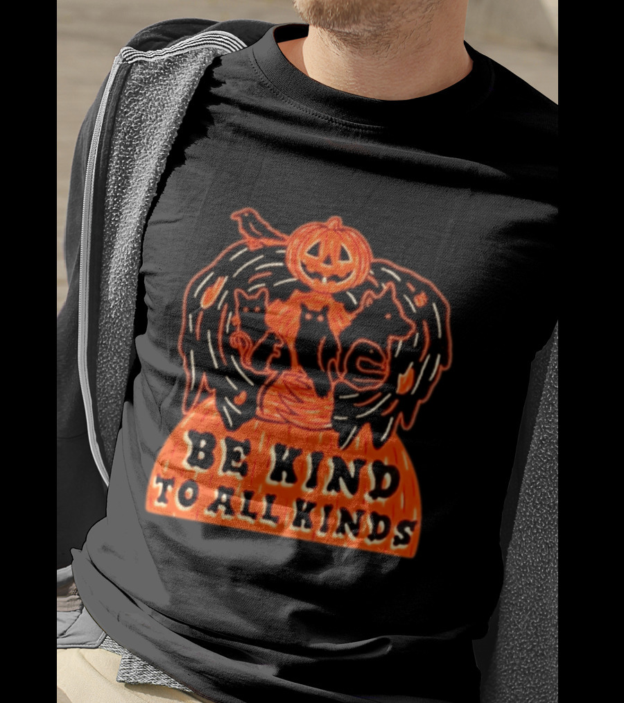 Be Kind To All Kinds Halloween 2026 Pumpkin Animals With Cats And Crow T-Shirt