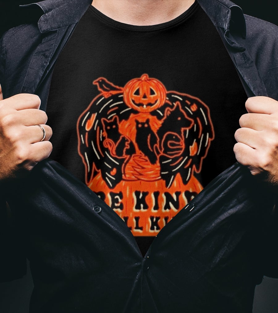 Be Kind To All Kinds Halloween 2026 Pumpkin Animals With Cats And Crow T-Shirt
