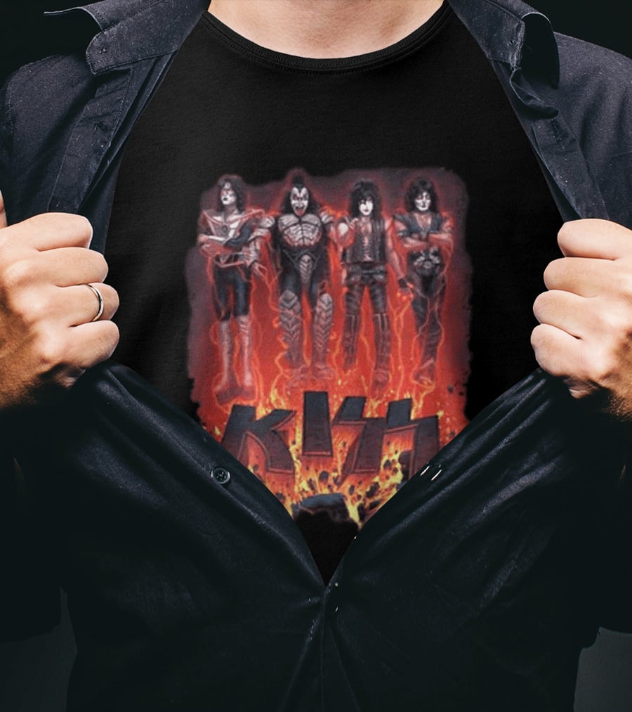Kiss Halloween 2026 Conjuring Flames Band Members Standing Above Fire T-Shirt