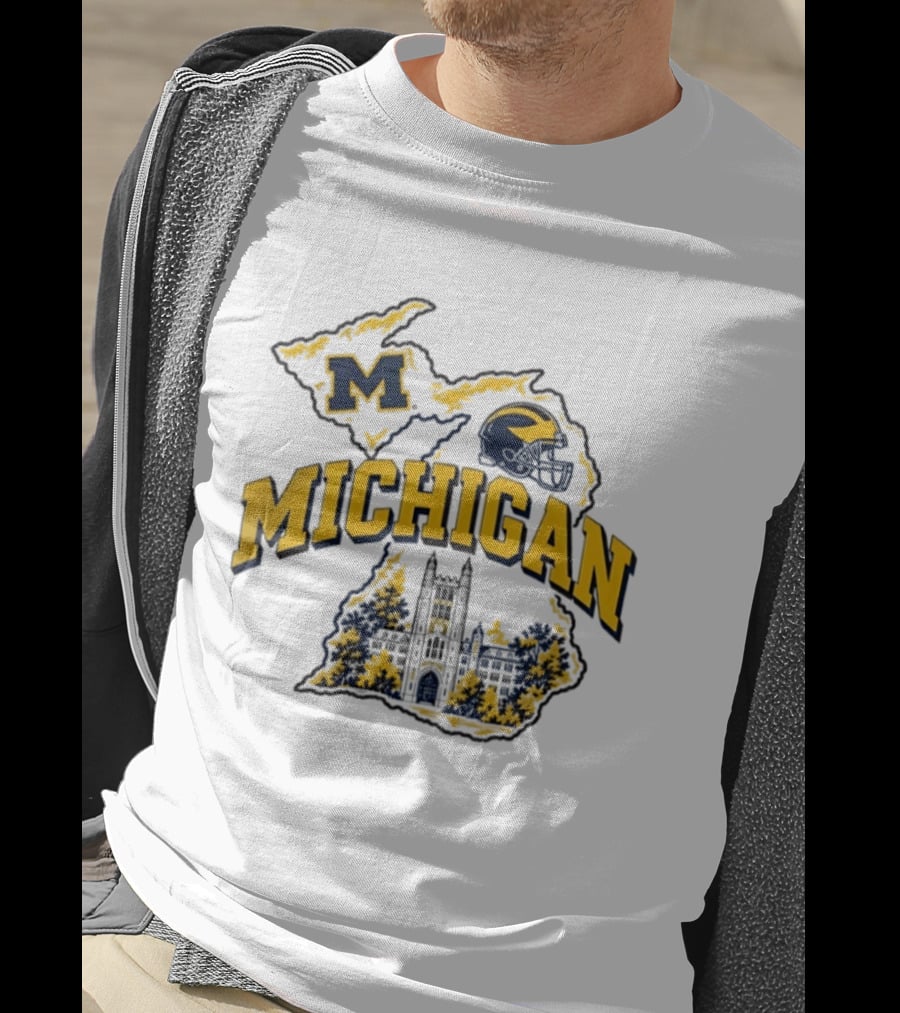 Michigan Wolverines NCAA Football Helmet Map And Building T-Shirt