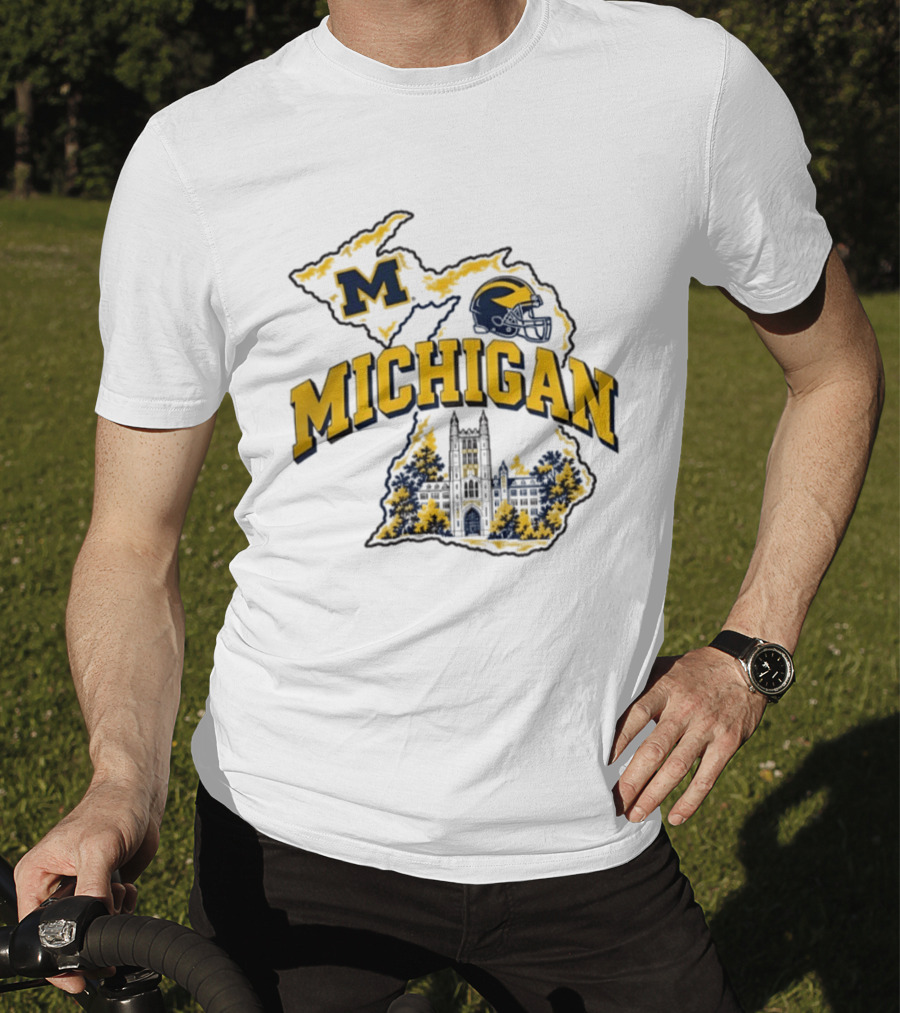 Michigan Wolverines NCAA Football Helmet Map And Building T-Shirt