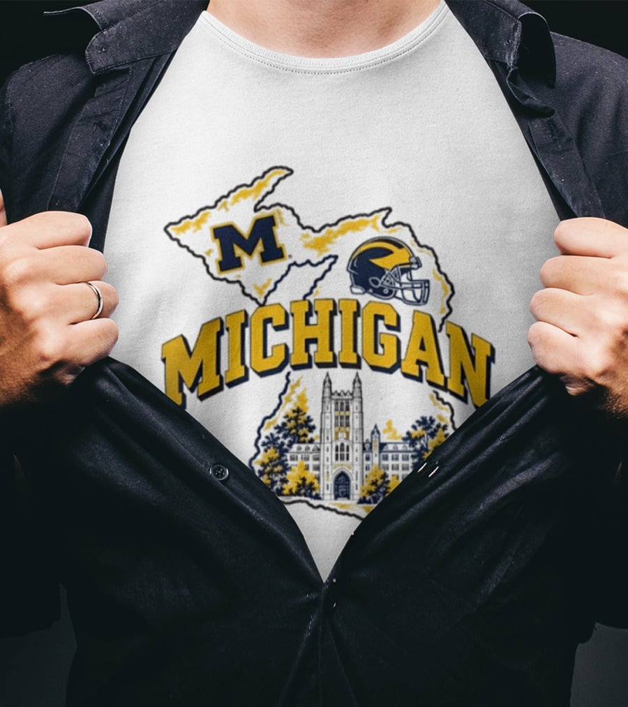 Michigan Wolverines NCAA Football Helmet Map And Building T-Shirt