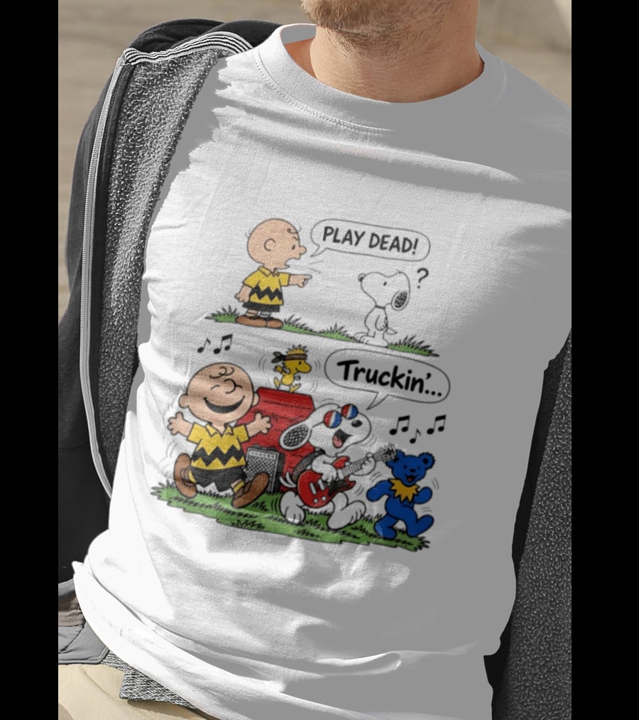Peanuts Characters Play Dead And Truckin' With Grateful Dead Dancing Bear T-Shirt