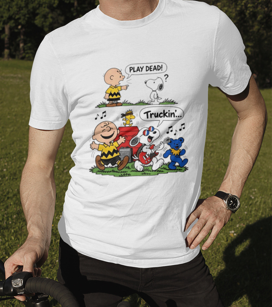 Peanuts Characters Play Dead And Truckin' With Grateful Dead Dancing Bear T-Shirt