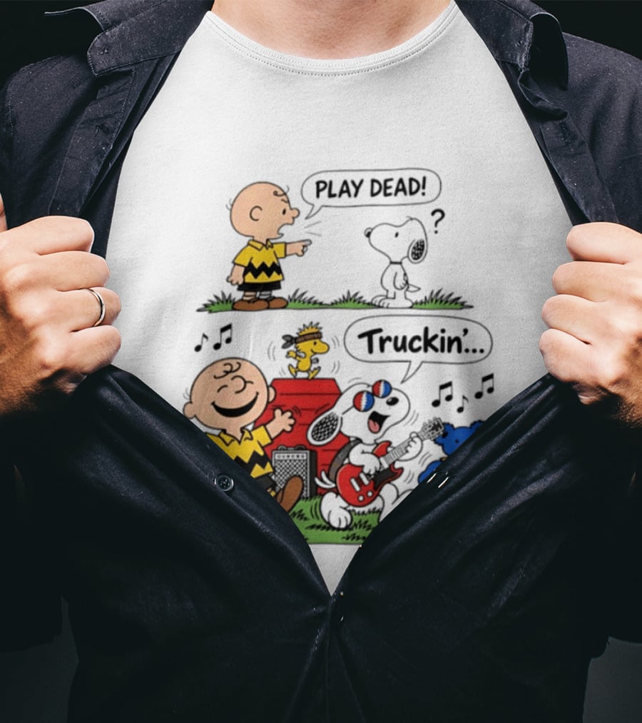 Peanuts Characters Play Dead And Truckin' With Grateful Dead Dancing Bear T-Shirt