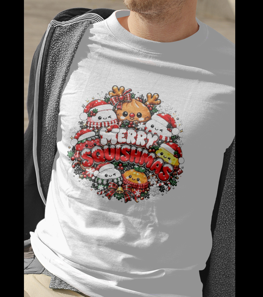 Merry Squishmas Cute Festive Characters Santa Hats Holiday Cheer Reindeer Red Green Berries T-Shirt