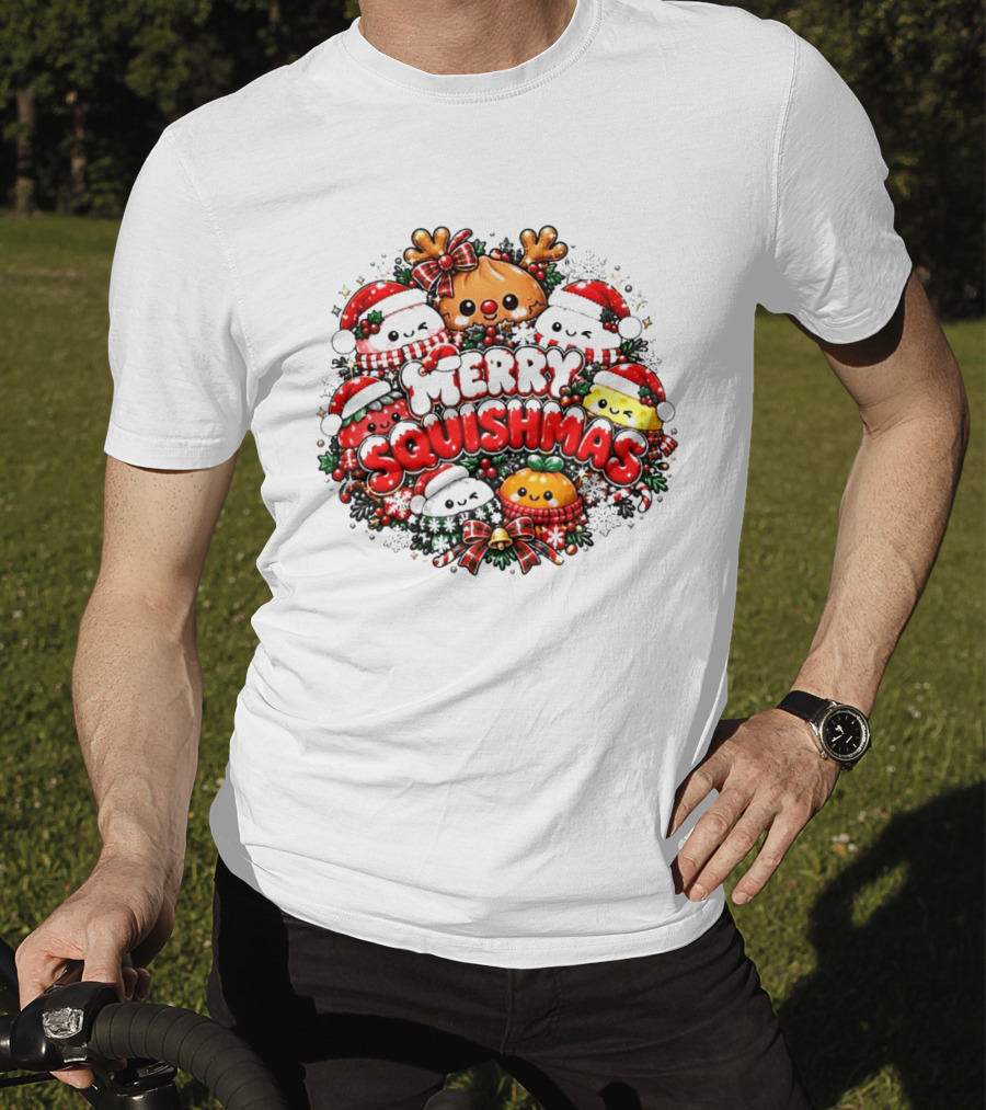 Merry Squishmas Cute Festive Characters Santa Hats Holiday Cheer Reindeer Red Green Berries T-Shirt
