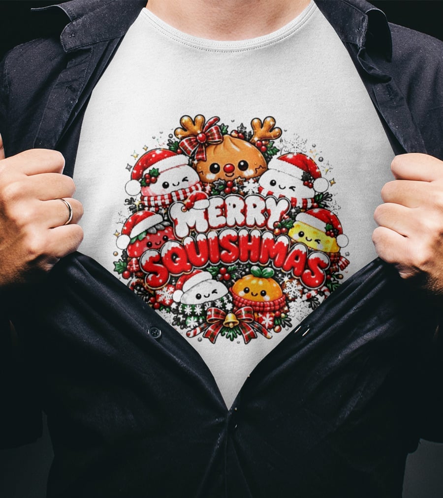 Merry Squishmas Cute Festive Characters Santa Hats Holiday Cheer Reindeer Red Green Berries T-Shirt