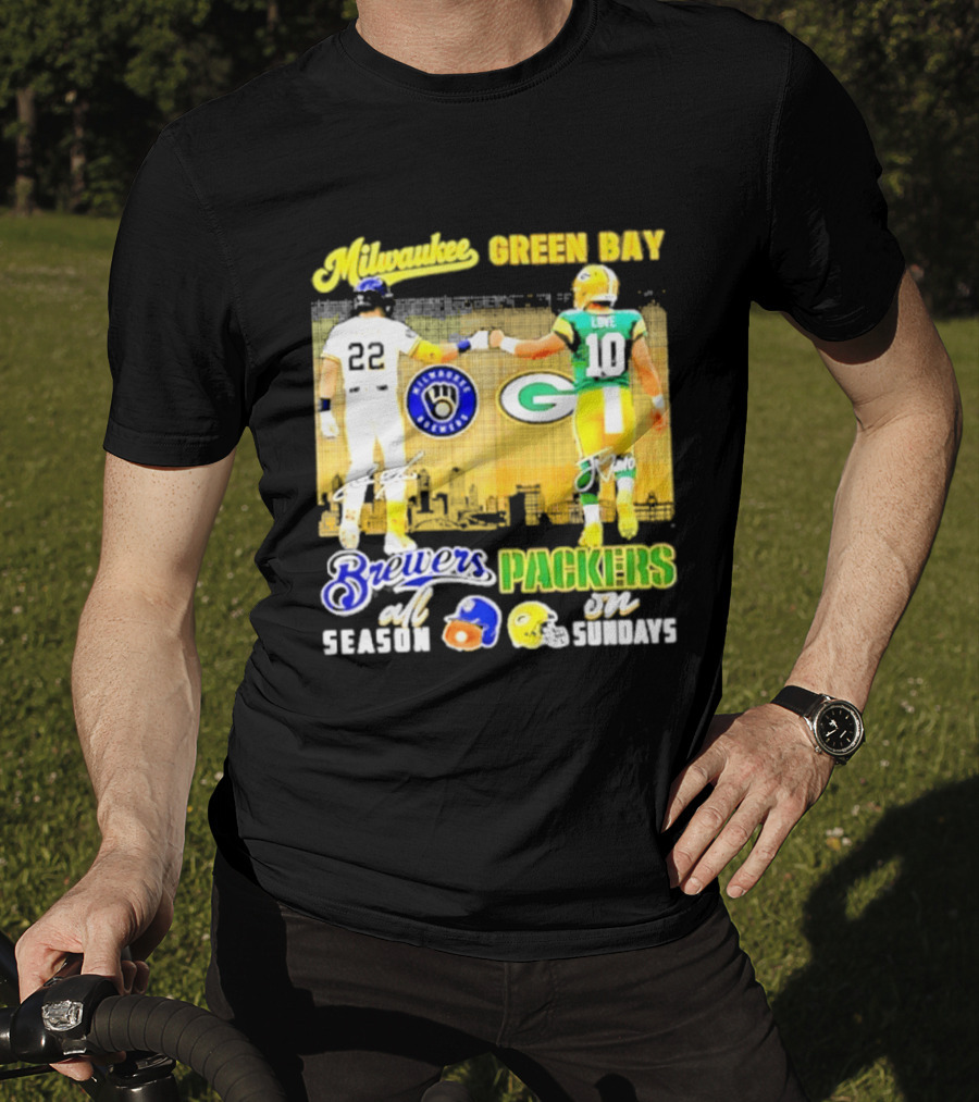 Milwaukee Brewers Green Bay Packers All Season Sundays Players Signatures T-Shirt