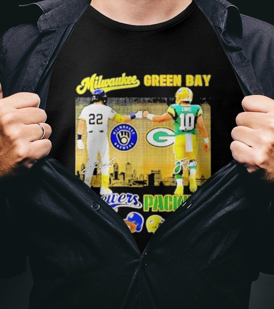 Milwaukee Brewers Green Bay Packers All Season Sundays Players Signatures T-Shirt
