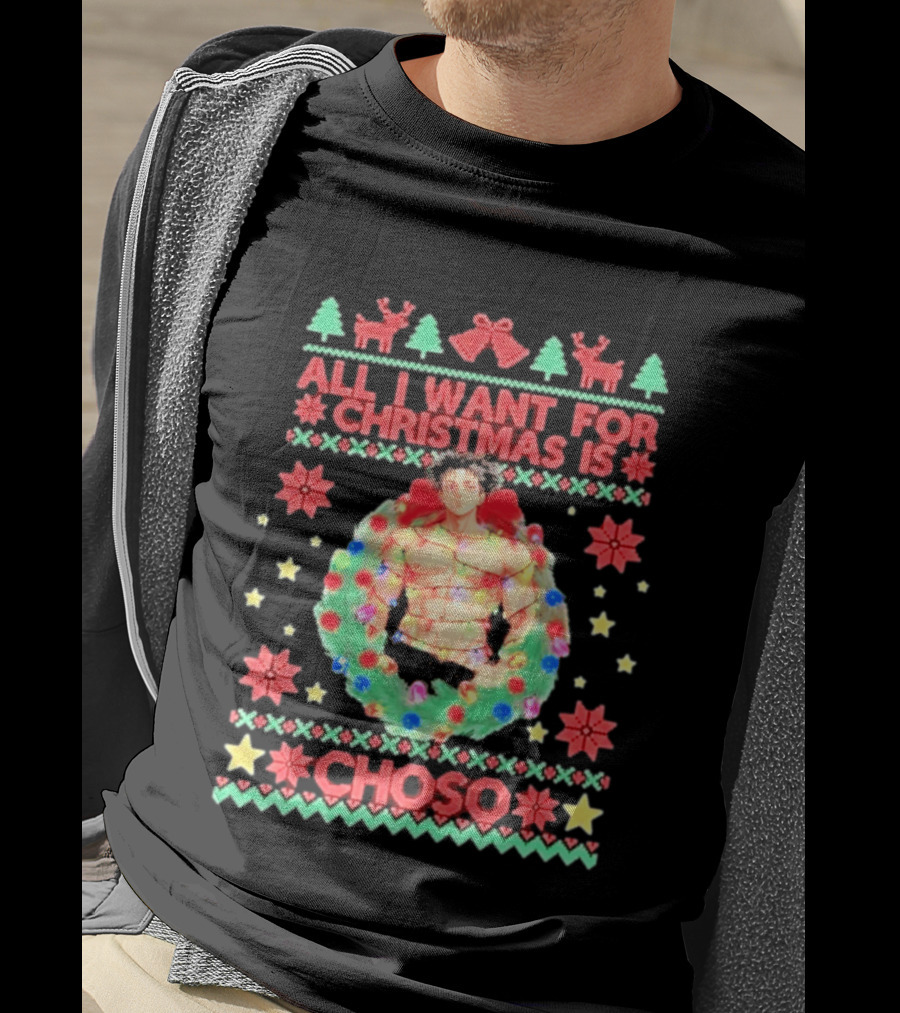 All I Want For Christmas Is Choso Anime Character Wreath Reindeer Festive T-Shirt
