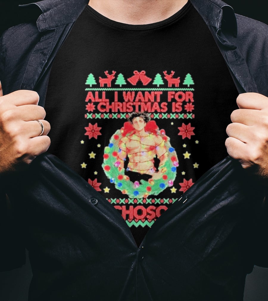All I Want For Christmas Is Choso Anime Character Wreath Reindeer Festive T-Shirt