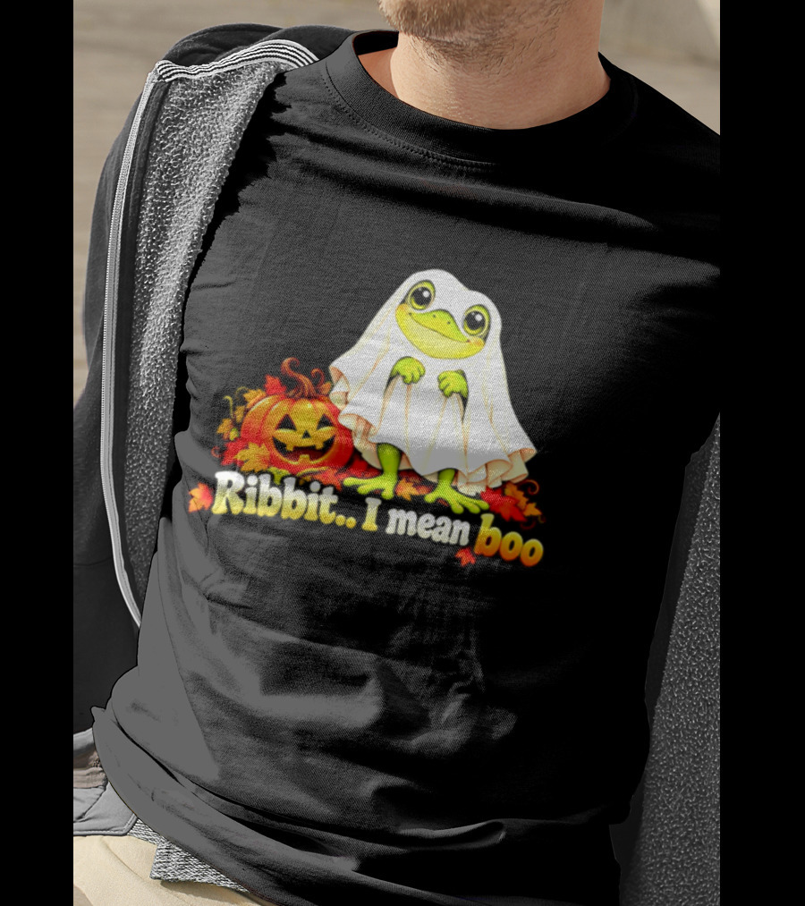 Ribbit I Mean Boo Halloween Frog In Ghost Costume With Pumpkin T-Shirt