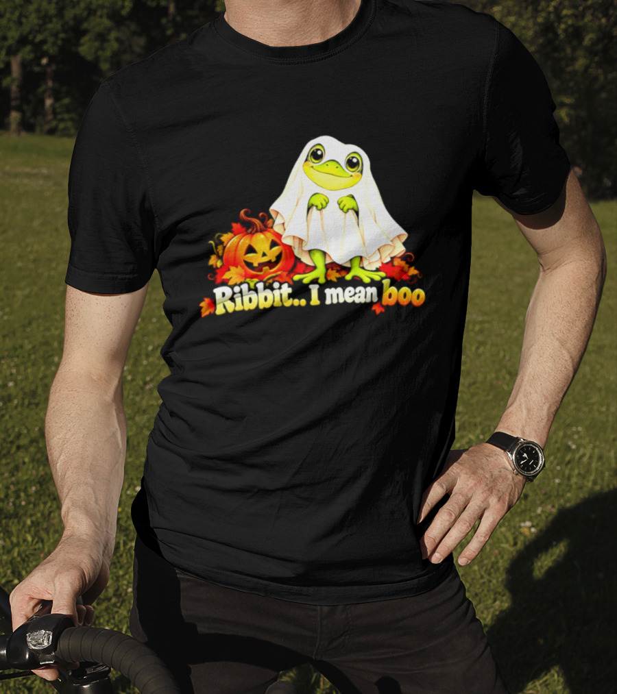 Ribbit I Mean Boo Halloween Frog In Ghost Costume With Pumpkin T-Shirt