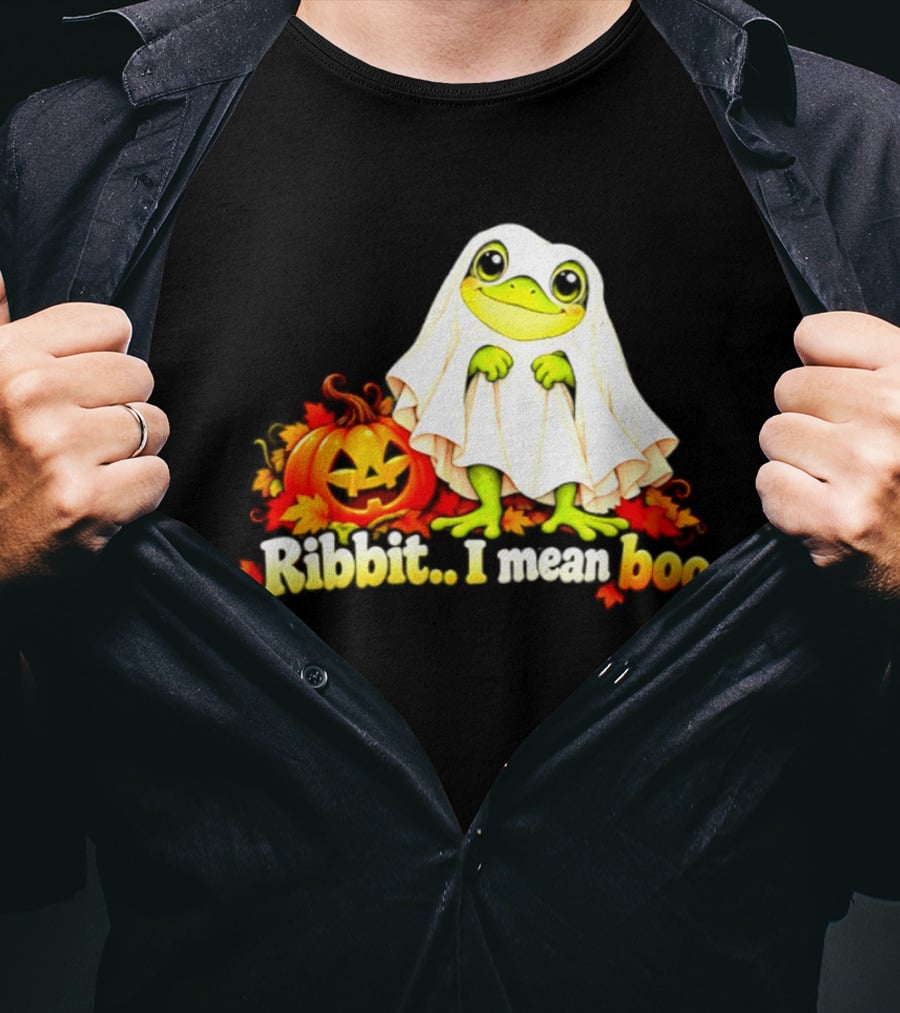 Ribbit I Mean Boo Halloween Frog In Ghost Costume With Pumpkin T-Shirt