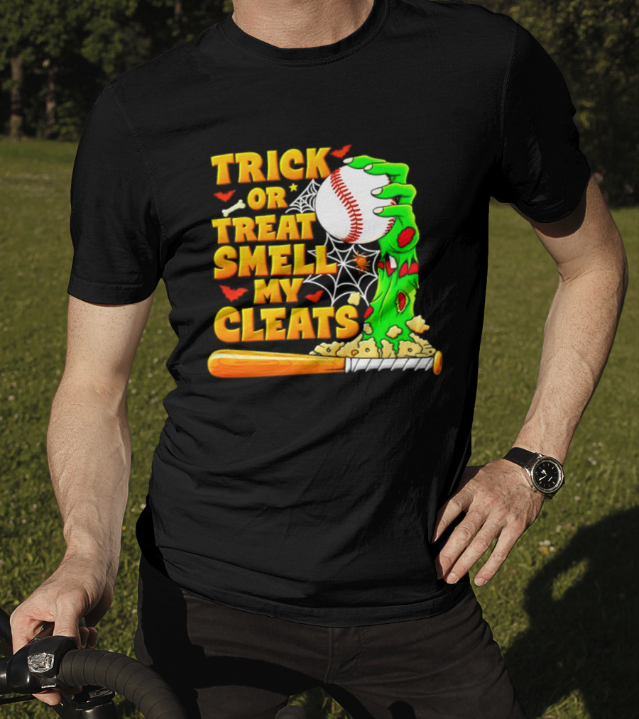 Trick Or Treat Smell My Cleats Zombie Hand Baseball Bat Halloween T-Shirt