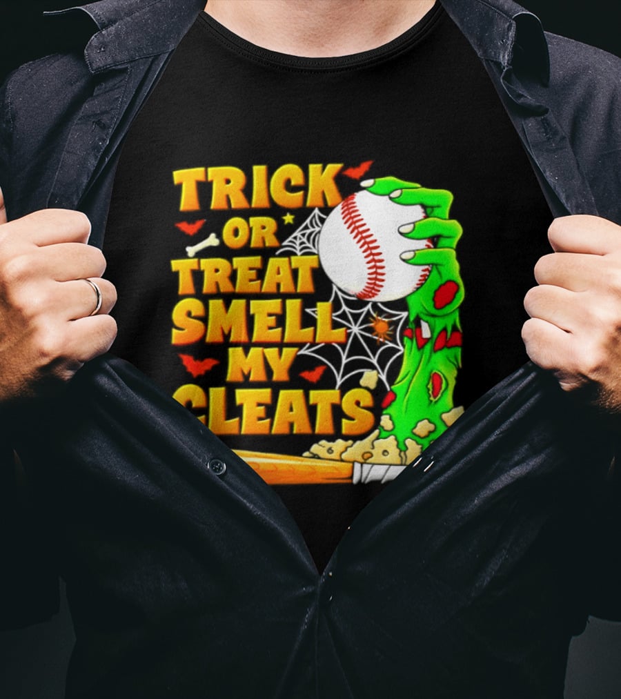 Trick Or Treat Smell My Cleats Zombie Hand Baseball Bat Halloween T-Shirt