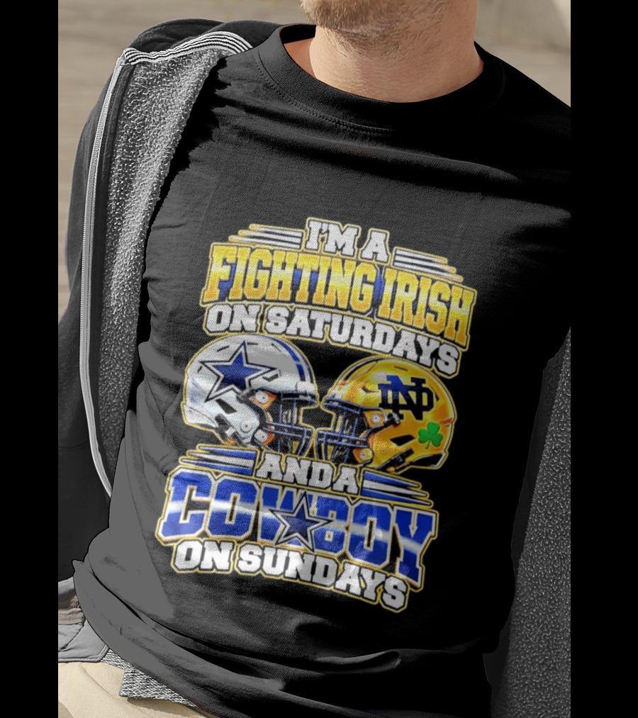 I'm A Fighting Irish On Saturdays And A Cowboy On Sundays Football Helmet Star Clover T-Shirt
