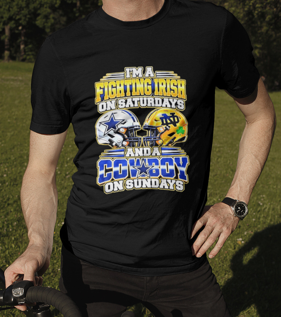 I'm A Fighting Irish On Saturdays And A Cowboy On Sundays Football Helmet Star Clover T-Shirt
