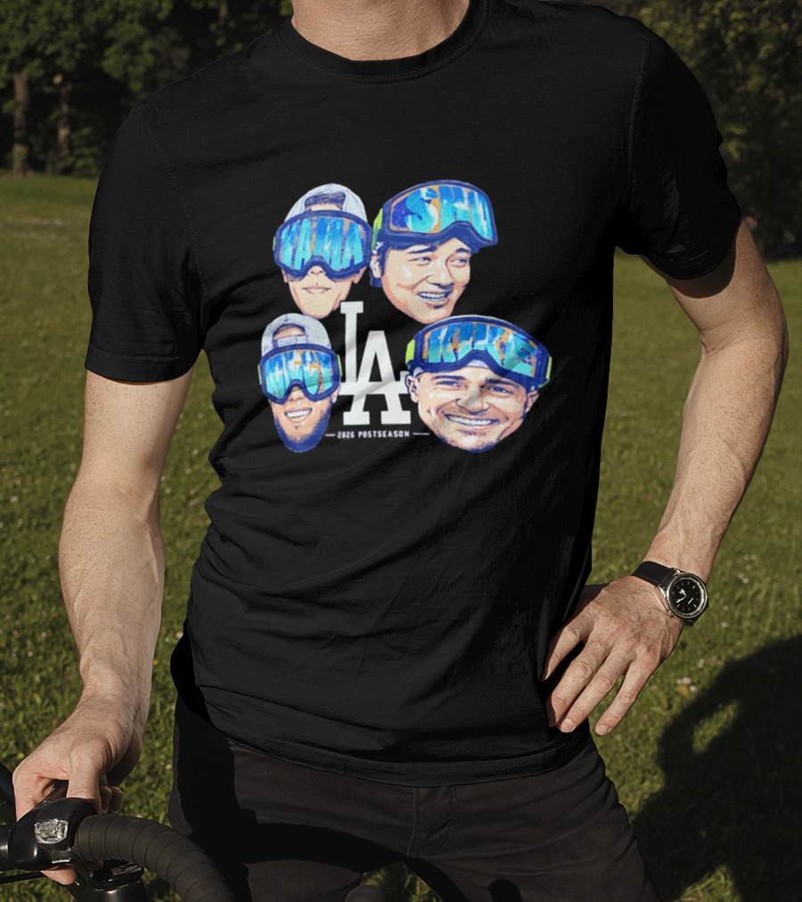Los Angeles Dodgers 2026 Postseason Big Head LA Goggles MAMA SMILE MIKE T-Shirt