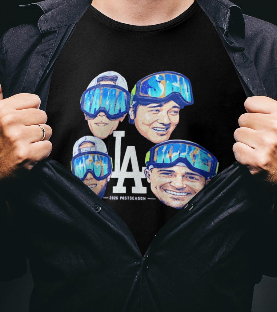 Los Angeles Dodgers 2026 Postseason Big Head LA Goggles MAMA SMILE MIKE T-Shirt