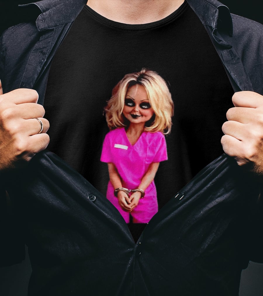 Tiffany Valentine Chucky Doll Pink Prison Uniform Halloween Costume T-Shirt