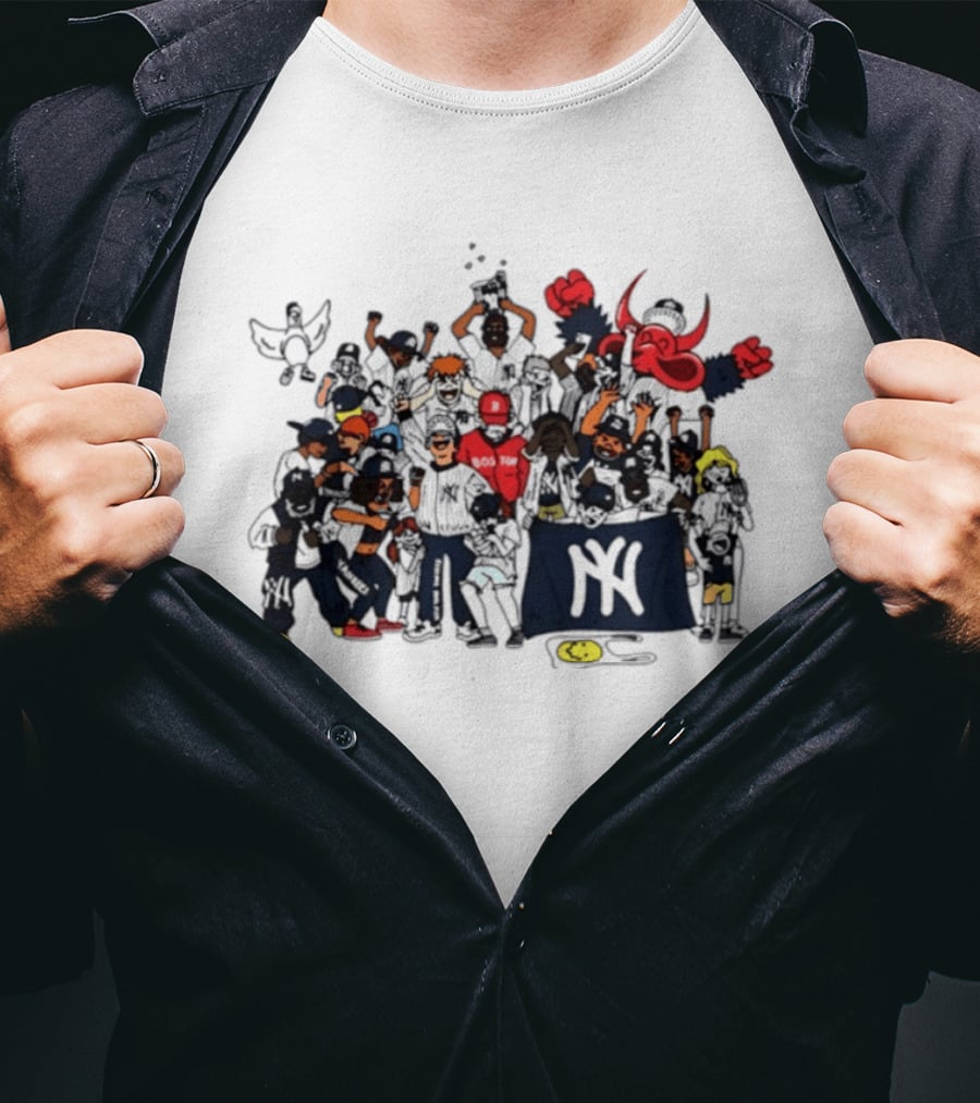 New York Yankees Fans Cartoon MLB Postseason 2026 Celebratory Group Scene T-Shirt