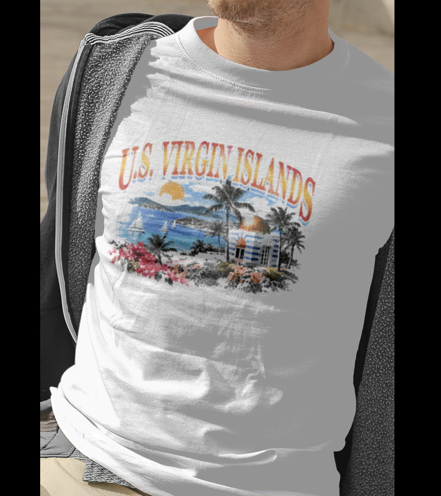 U.S. Virgin Islands Sunset Beach Scene With Palm Trees And Lighthouse T-Shirt