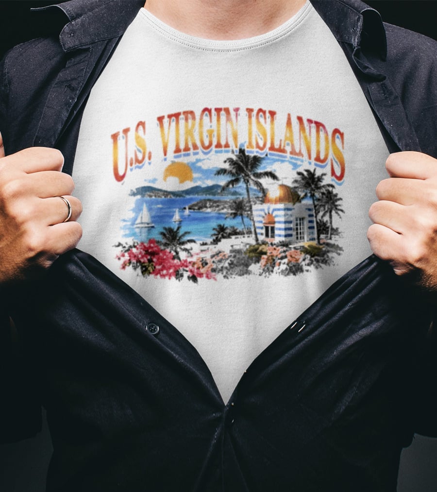 U.S. Virgin Islands Sunset Beach Scene With Palm Trees And Lighthouse T-Shirt