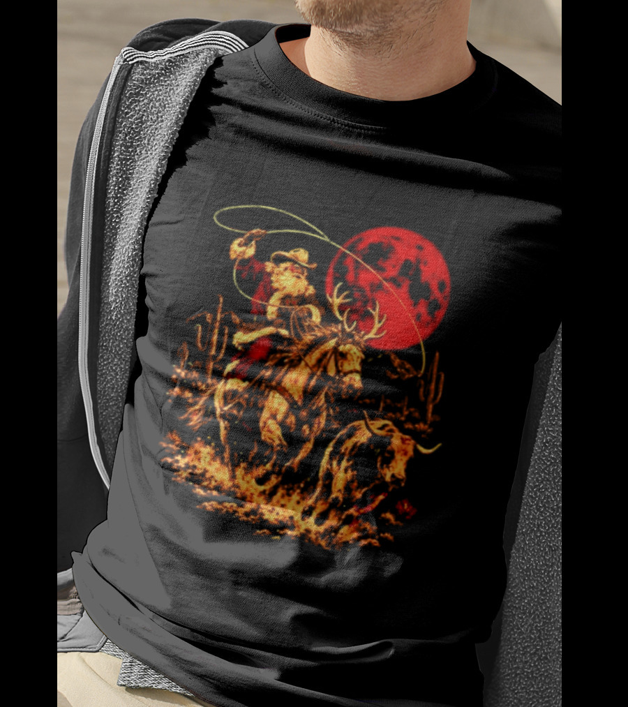 Cowboy Santa Christmas 2026 Holiday Western Rodeo Reindeer Cactus Desert Scene T-Shirt