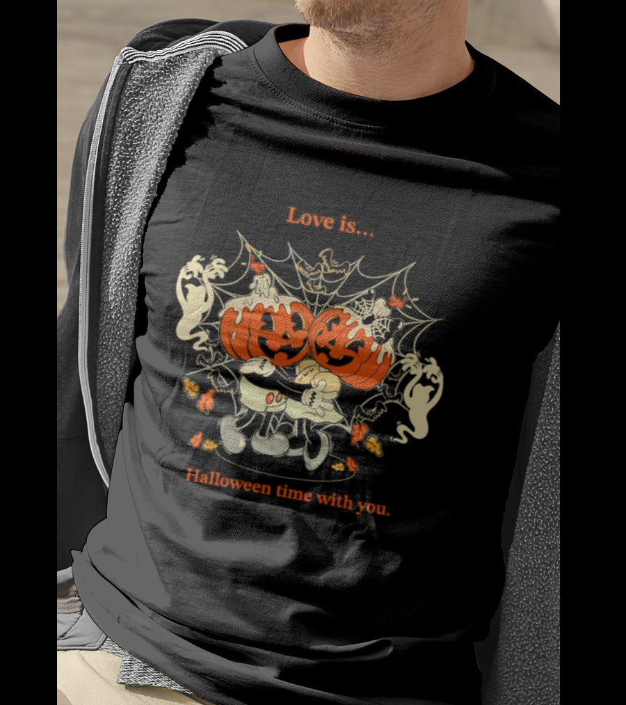 Love Is Halloween Time With You Pumpkin Couple Ghosts Webs T-Shirt