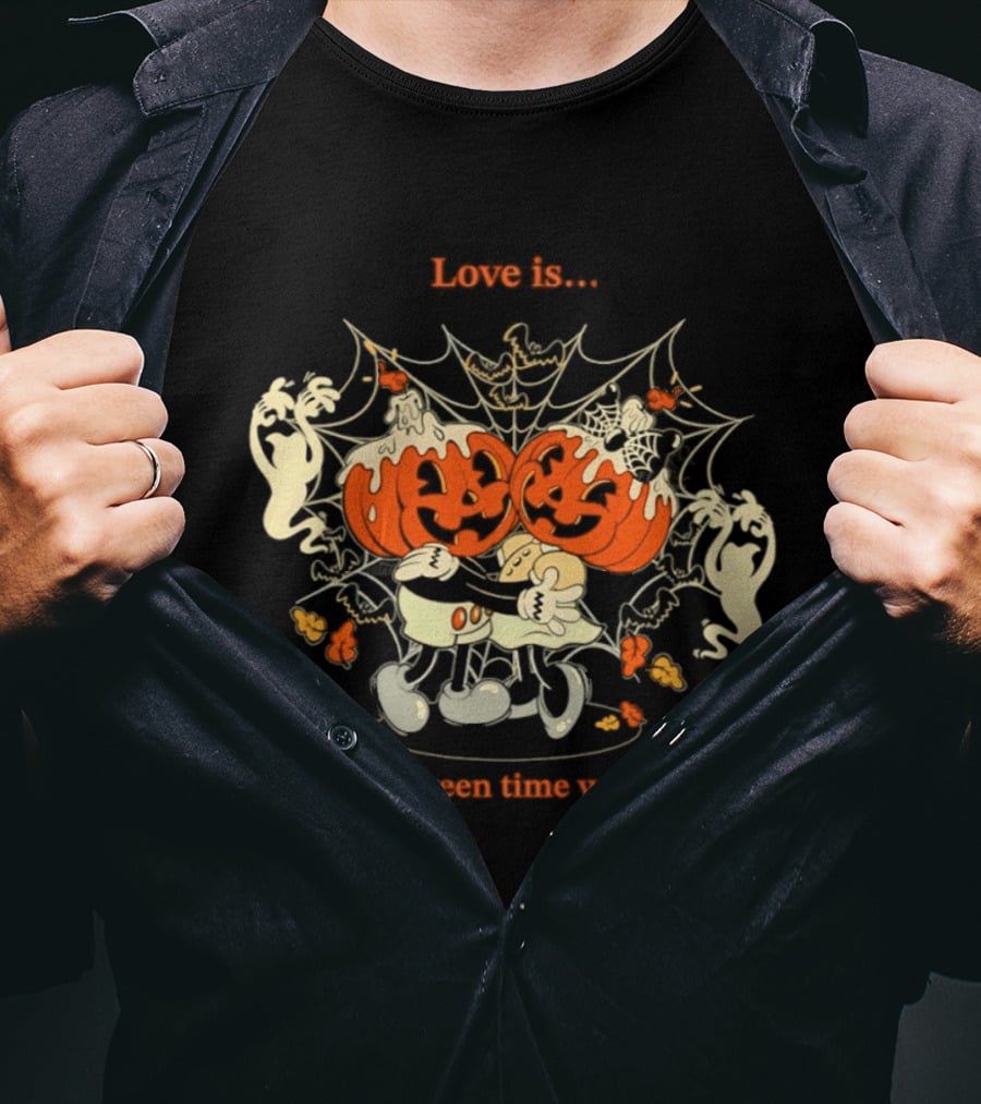 Love Is Halloween Time With You Pumpkin Couple Ghosts Webs T-Shirt