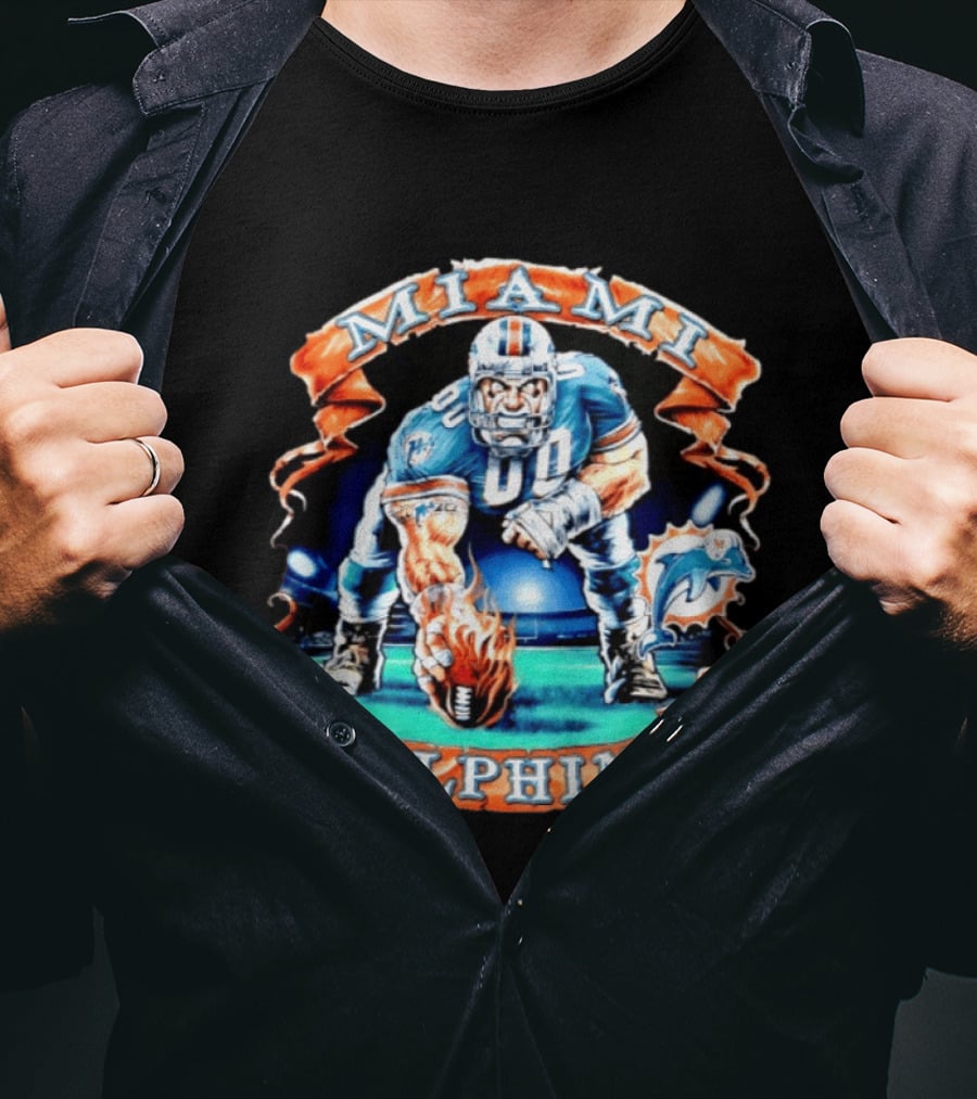 Miami Dolphins Big Man On Football Field With Flame Ball T-Shirt
