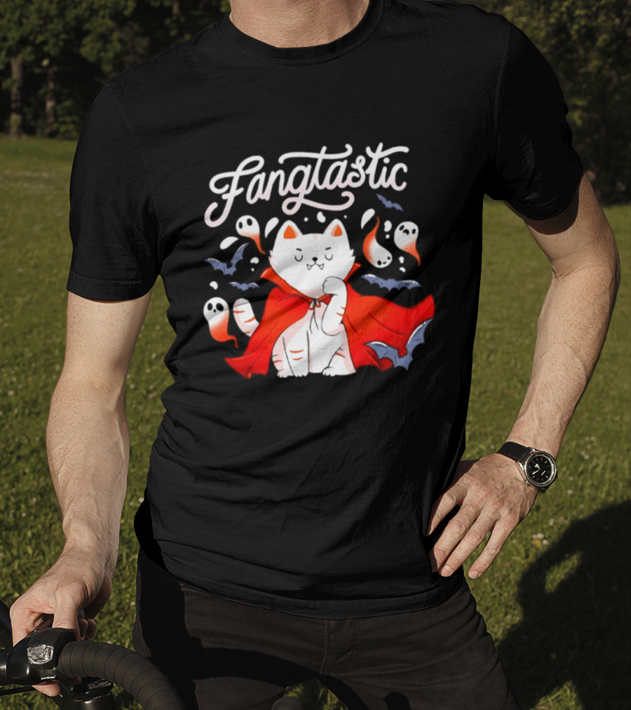Fangtastic Vampire Cat With Ghosts And Bats Halloween 2026 T-Shirt