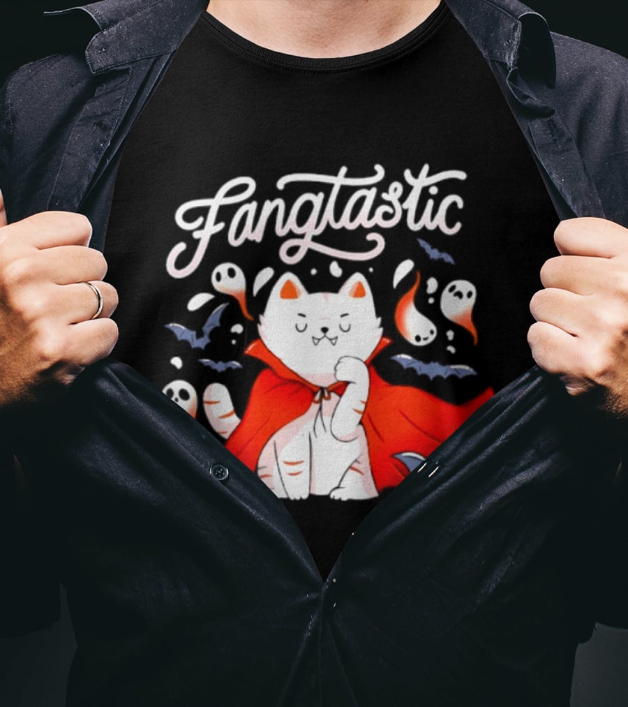 Fangtastic Vampire Cat With Ghosts And Bats Halloween 2026 T-Shirt