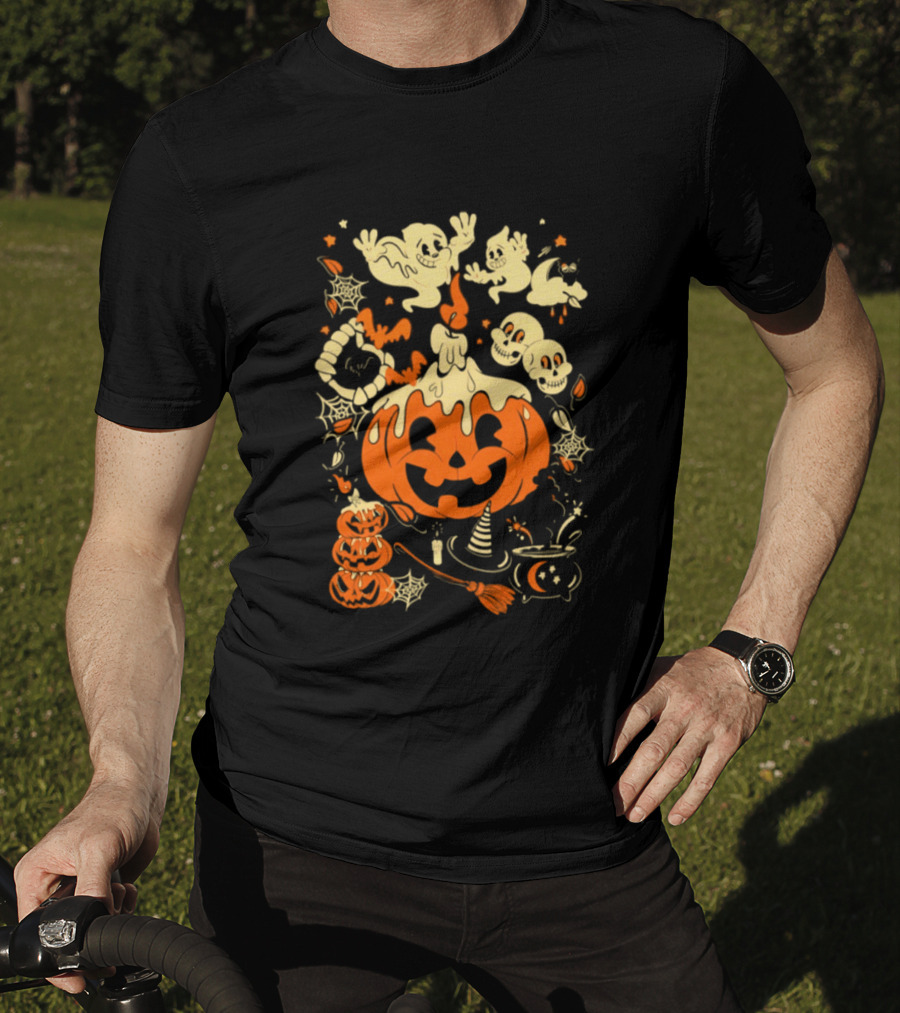 Halloween Pumpkin Ghost Skull Witch Hat Cauldron Spooky Bat T-Shirt