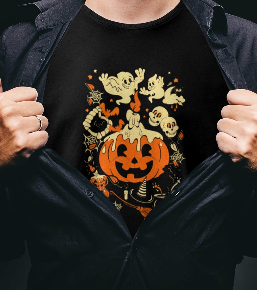 Halloween Pumpkin Ghost Skull Witch Hat Cauldron Spooky Bat T-Shirt