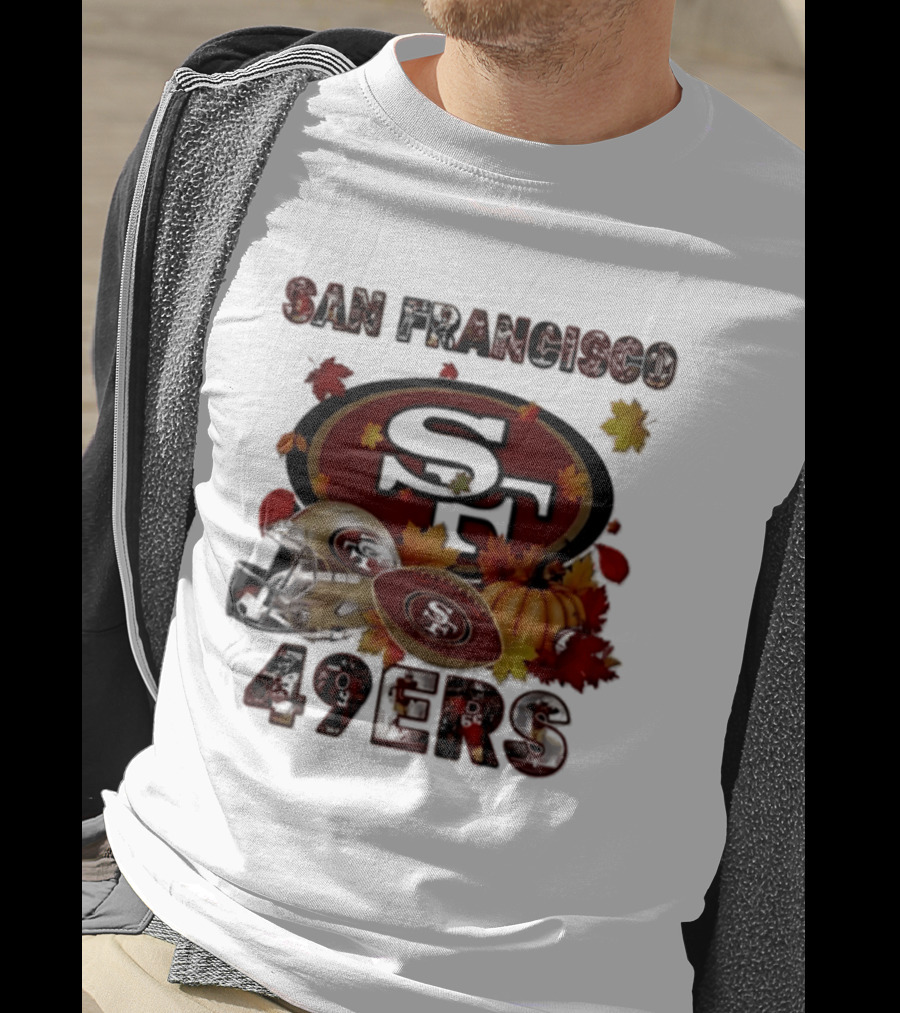 San Francisco 49ers Autumn 2026 Football Helmet And Pumpkin Leaves T-Shirt