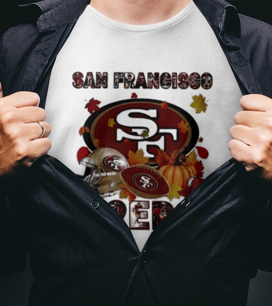 San Francisco 49ers Autumn 2026 Football Helmet And Pumpkin Leaves T-Shirt