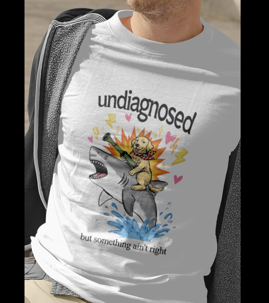 Undiagnosed But Something Ain't Right Golden Retriever Riding Shark Bazooka Hearts Lightning T-Shirt