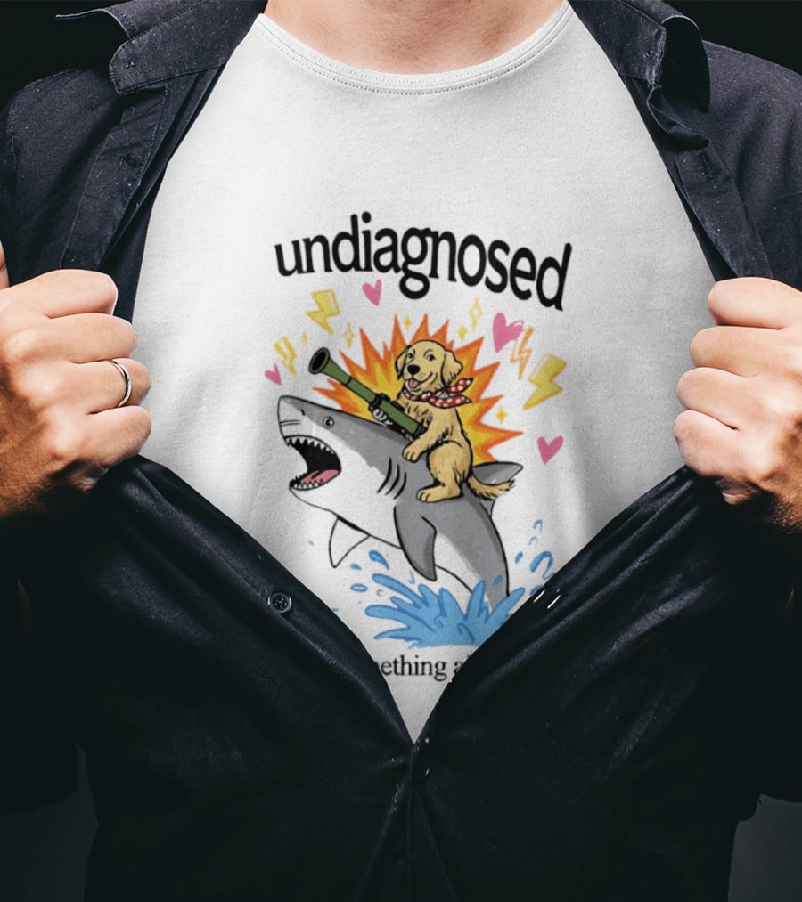 Undiagnosed But Something Ain't Right Golden Retriever Riding Shark Bazooka Hearts Lightning T-Shirt