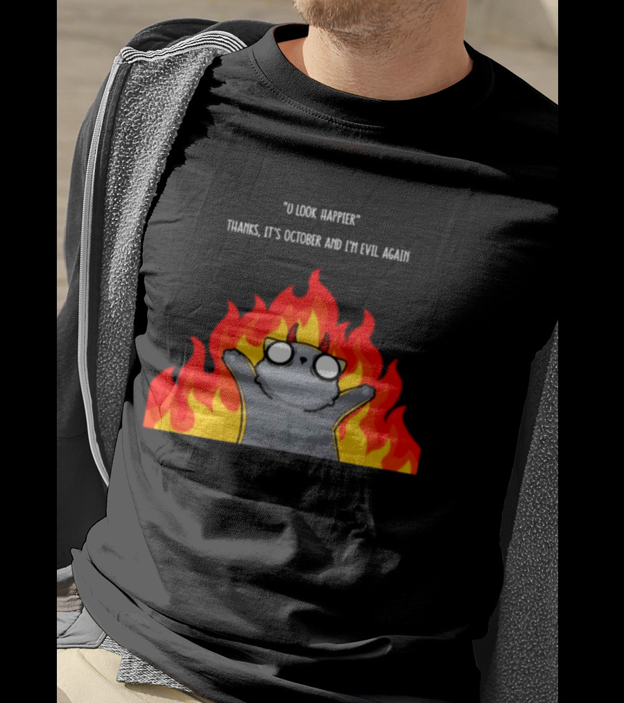 U Look Happier Thanks It Is October And I Am Evil Again Cat In Flames T-Shirt