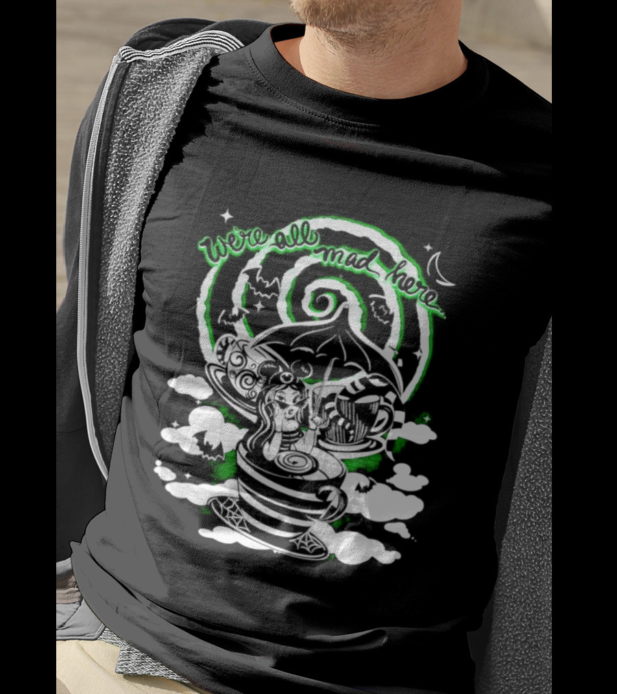 We Are All Mad Here Gothic Wonderland Tea Party Alice Moon Spiral T-Shirt