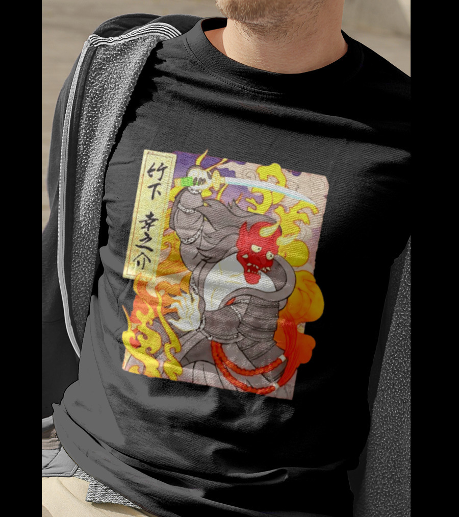 Konosuke Takeshita Demon Samurai AEW Collaboration With Japanese Inspired Flames And Sword T-Shirt