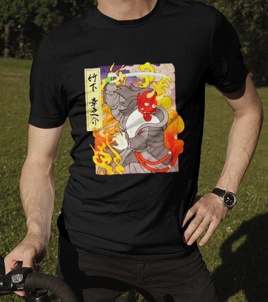 Konosuke Takeshita Demon Samurai AEW Collaboration With Japanese Inspired Flames And Sword T-Shirt
