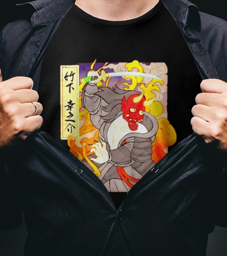 Konosuke Takeshita Demon Samurai AEW Collaboration With Japanese Inspired Flames And Sword T-Shirt