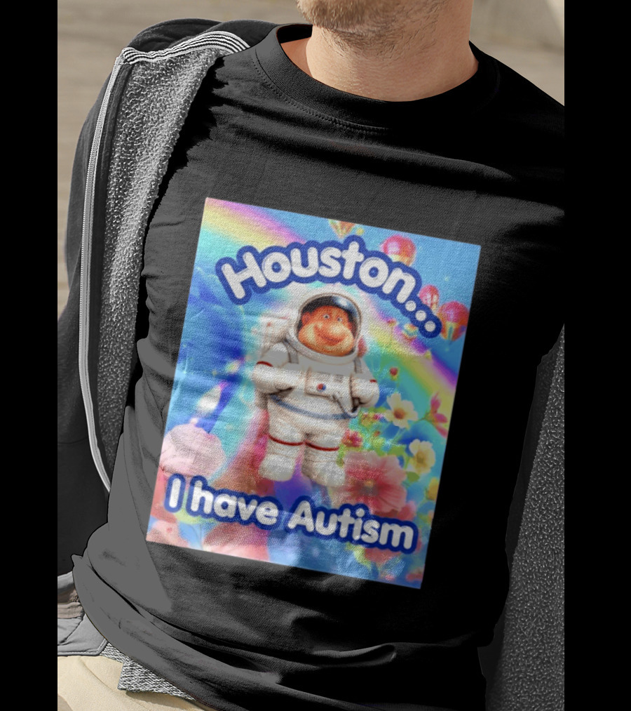 Houston I Have Autism Rainbow Astronaut Balloons And Flowers T-Shirt